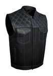 Mens Black Club Vest Diamond Design Blue Thread Leather & Denim