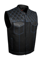 Mens Black Club Vest Diamond Design Blue Thread Leather & Denim