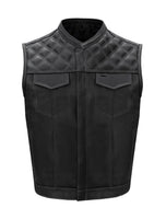 Mens Black Vest Diamond Padding WHITE Threading Premium Leather MC vest