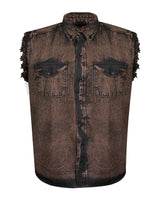 Mens Biker Cut off Cotton Shirt Stonewash Chocolate Brown Jimmy Lee Leathers Club Vest