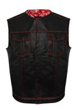 Mens SOA Vest Red Thread Club Vest, Conceal Carry Pockets, Red Paisley Lining no collar Jimmy Lee Leathers Club Vest