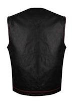 Mens SOA Vest Red Thread Club Vest, Conceal Carry Pockets, Red Paisley Lining no collar Jimmy Lee Leathers Club Vest