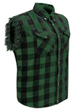 Men's Sleeveless Flannel Shirt Black & Green Sleek Design Cotton Shirt Frayed Sleeves