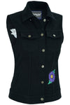 WOMEN'S BLACK DENIM SNAP FRONT VEST WITH PURPLE DAISY Jimmy Lee Leathers Club Vest