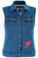 WOMEN'S BLUE DENIM SNAP FRONT VEST WITH RED DAISY MOTORCYCLE VEST Jimmy Lee Leathers Club Vest