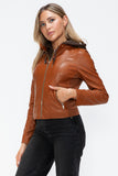 Snobbish Faux Leather Zip Up Drawstring Hooded Jacket