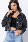 CROP DENIM JACKET WITH RHINESTONE FRINGE