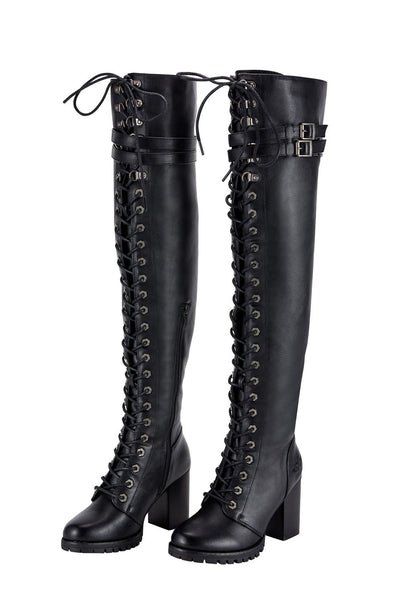 Women's Tall Knee-High Front Laced Double Buckle Motorcycle Boots