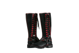Women's Long Laced and Zipper Side Biker Boots Red Trim