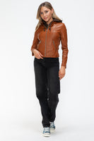 Snobbish Faux Leather Zip Up Drawstring Hooded Jacket