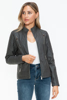 Snobbish Faux Leather Zip Up Mock Neck Jacket