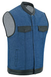 Men's Broken Blue Rough Rub-Off Raw Finish Denim Vest W/Leather Trim