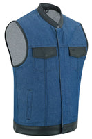 Men's Broken Blue Rough Rub-Off Raw Finish Denim Vest W/Leather Trim