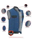 Men's Broken Blue Rough Rub-Off Raw Finish Denim Vest W/Leather Trim