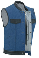 Men's Broken Blue Rough Rub-Off Raw Finish Denim Vest W/Leather Trim