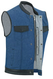 Men's Broken Blue Rough Rub-Off Raw Finish Denim Vest W/Leather Trim